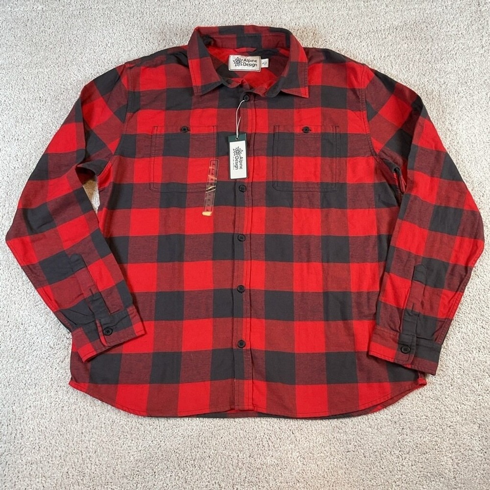 ALPINE Design Men's Hiking Mid weight Flannel Red/Gray Buffalo Plaid Size XL NWT